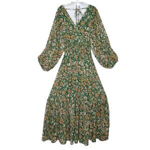 Baltic Born Floral Maxi Dress L Green Orange Balloon Sleeve V Neck Back Boho